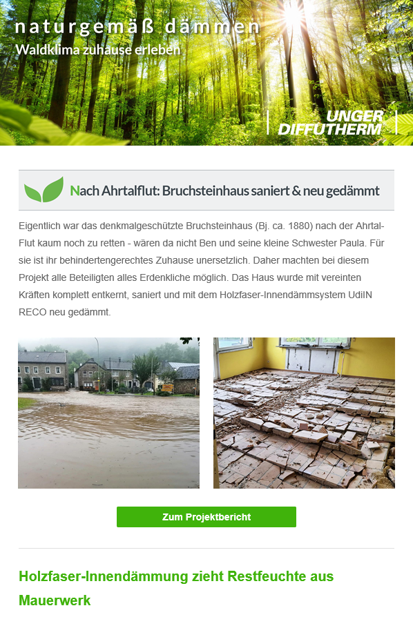 Vorschau des Newsletters im April mit dem Betreff "Bruchsteinhaus nach Ahrtalflut saniert und neu gedämmt"