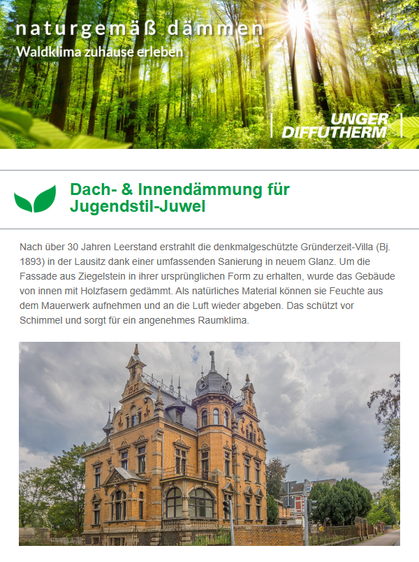 Vorschau des Newsletters im Juli mit dem Betreff "Fassade: facelift mit Tiefenwirkung"