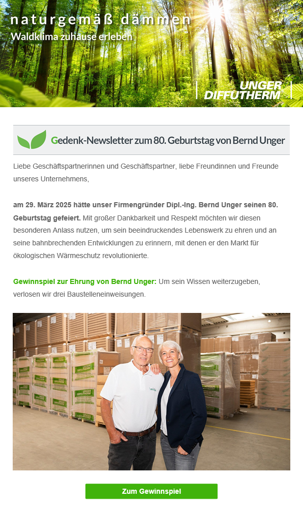 Vorschau des Newsletters im März mit dem Betreff "Gedenk-Newsletter zum 80. Geburtstag von Bernd Unger"