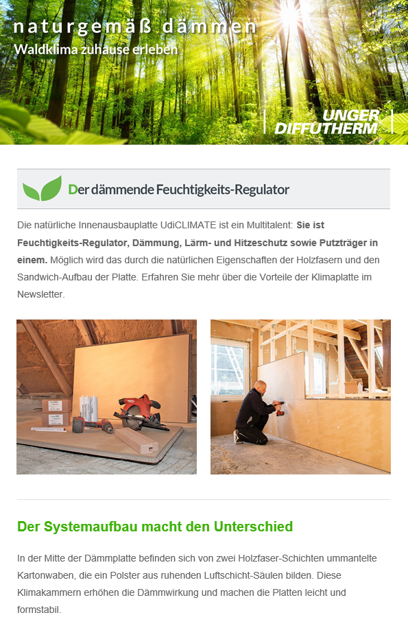 Vorschau des Newsletters im Mai mit dem Betreff "Der dämmende Feuchtigkeits-Regulator"