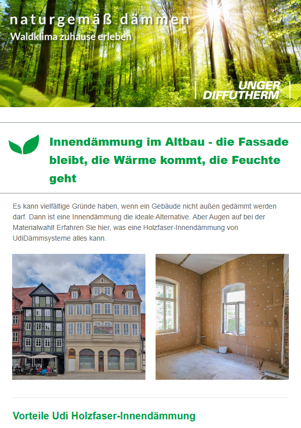 Vorschau des Newsletters im Juli mit dem Betreff "Fassade: facelift mit Tiefenwirkung"